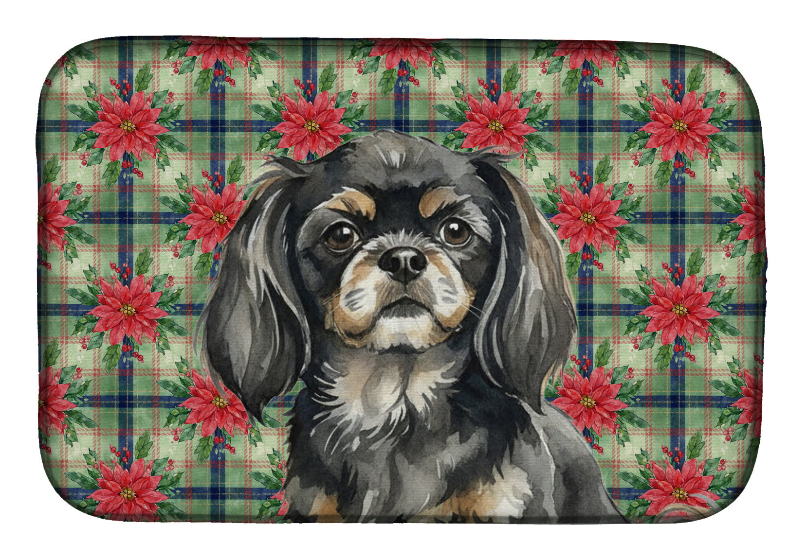 Black and Tan Tibetan Spaniel Christmas PoinsettIas Dish Drying Mat Absorbent Dish Drying Mat Pad for Kitchen Counter Dish Drainer Mat for Countertop, 14 x 21", Multicolor