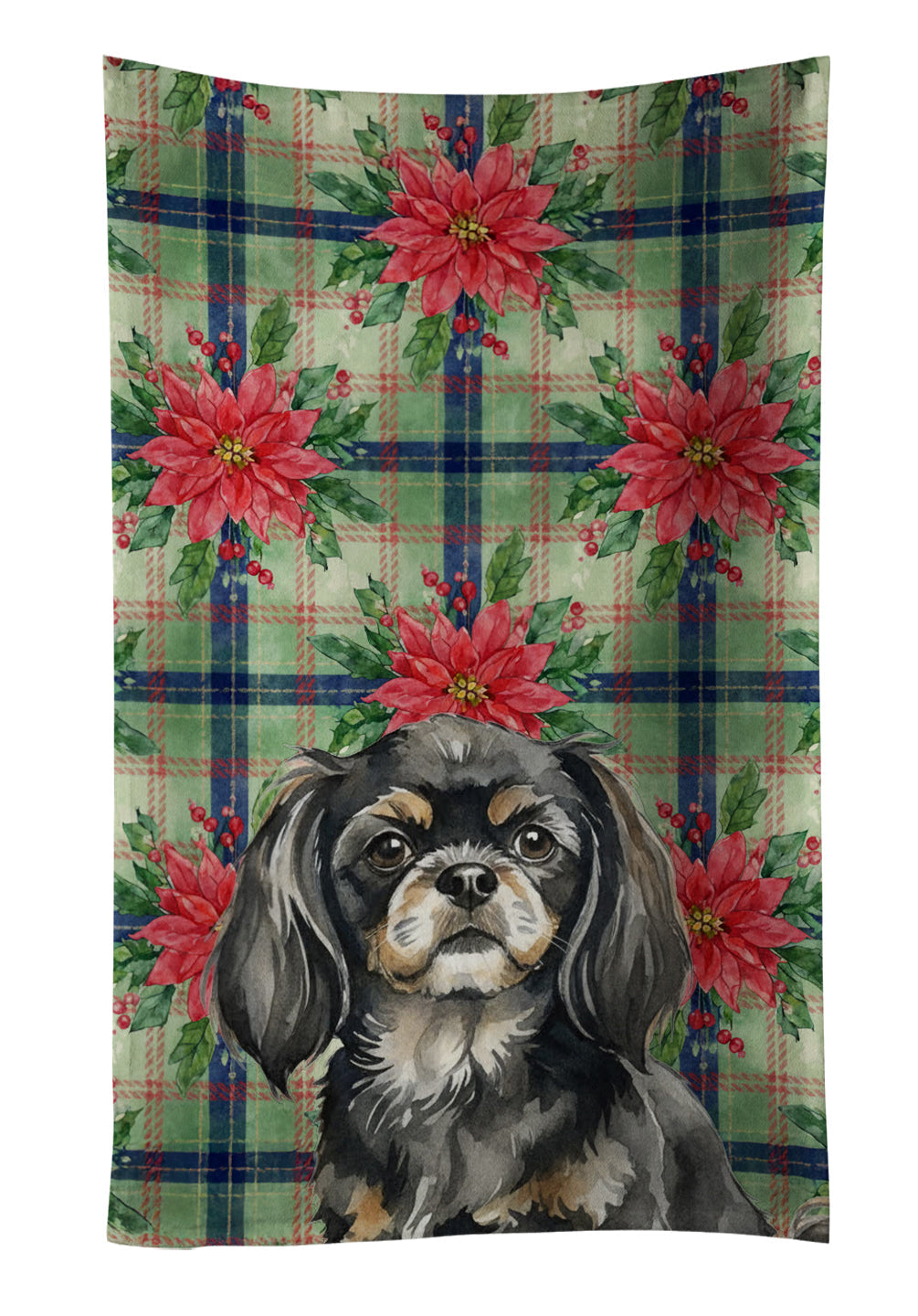 Black and Tan Tibetan Spaniel Christmas PoinsettIas Kitchen Towel Velour Plush Front and Cotton Loop Back Machine Washable