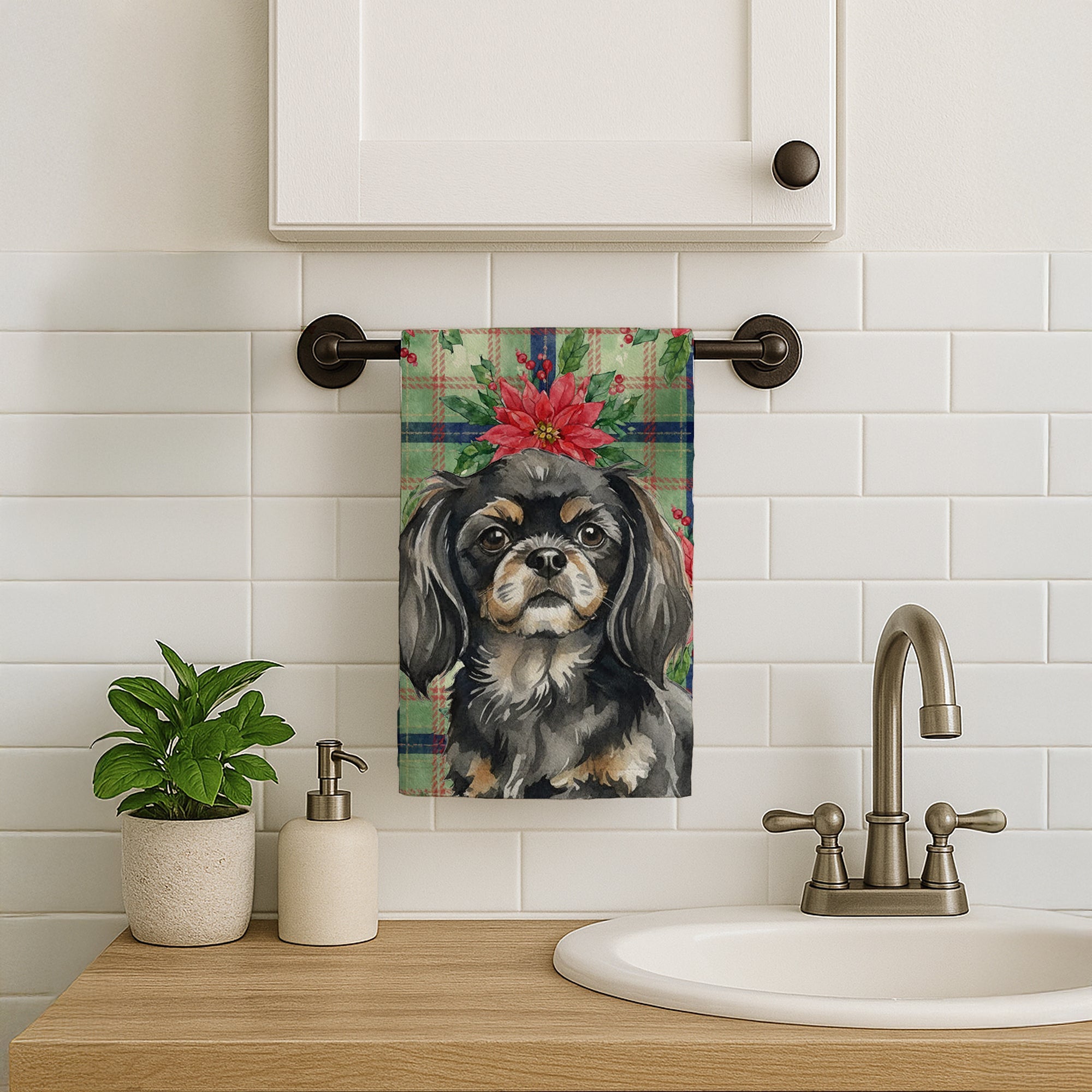Black and Tan Tibetan Spaniel Christmas PoinsettIas Kitchen Towel Velour Plush Front and Cotton Loop Back Machine Washable