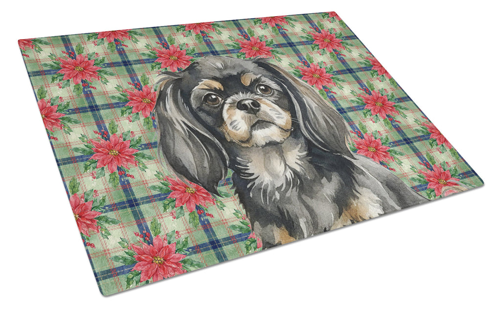 Black and Tan Tibetan Spaniel Christmas PoinsettIas Cutting Board Tempered Glass Kitchen Cutting Surface, Heat Resistant Chopping, Non-Slip Feet, Food Prep & Serving