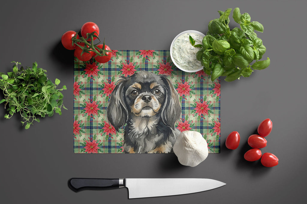 Black and Tan Tibetan Spaniel Christmas PoinsettIas Cutting Board Tempered Glass Kitchen Cutting Surface, Heat Resistant Chopping, Non-Slip Feet, Food Prep & Serving