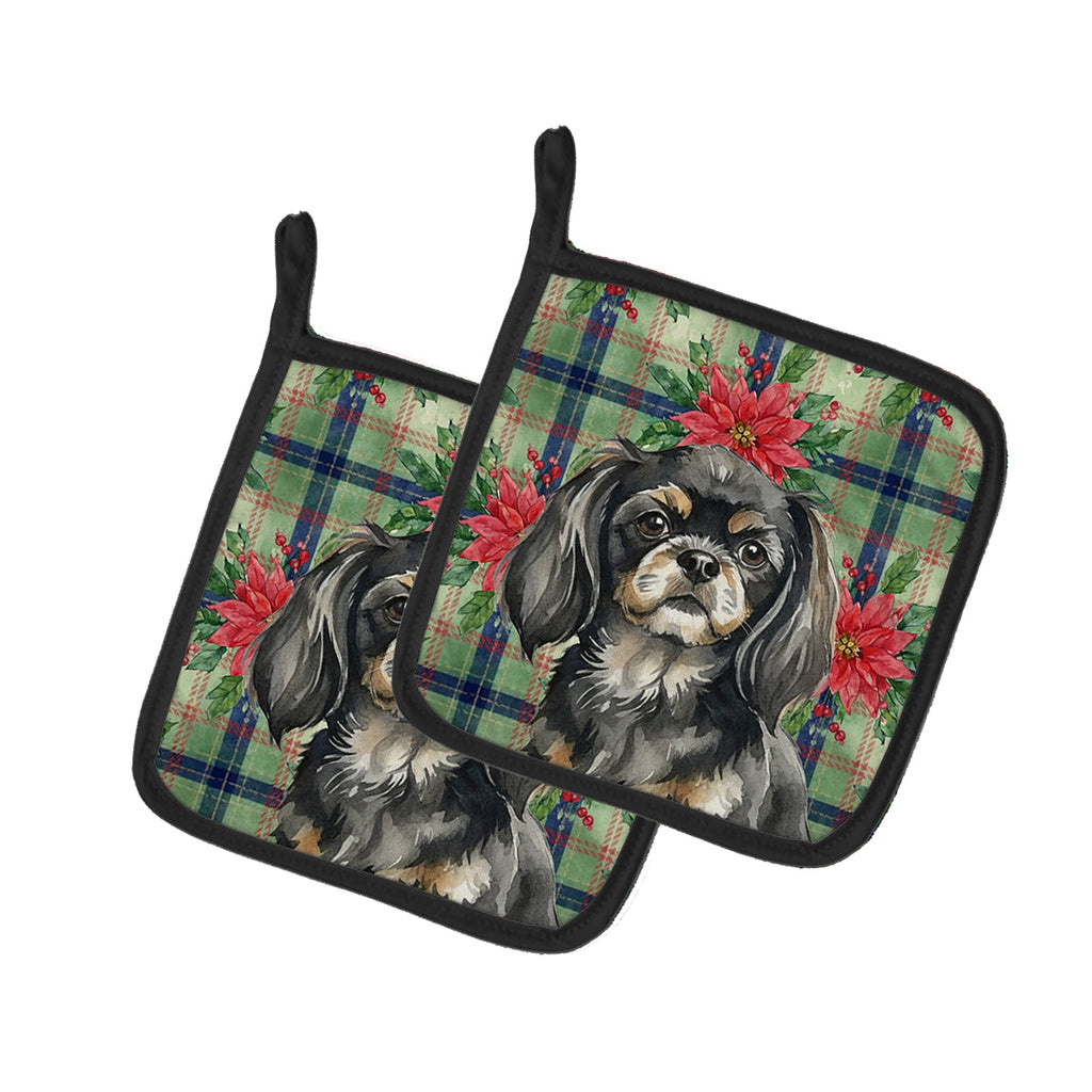 Black and Tan Tibetan Spaniel Christmas PoinsettIas Pot Holder Set of 2 Heat Resistant Quilted Hot Pads 7.5 x 7.5 Inch, Insulated Kitchen Trivets for Cooking & Baking