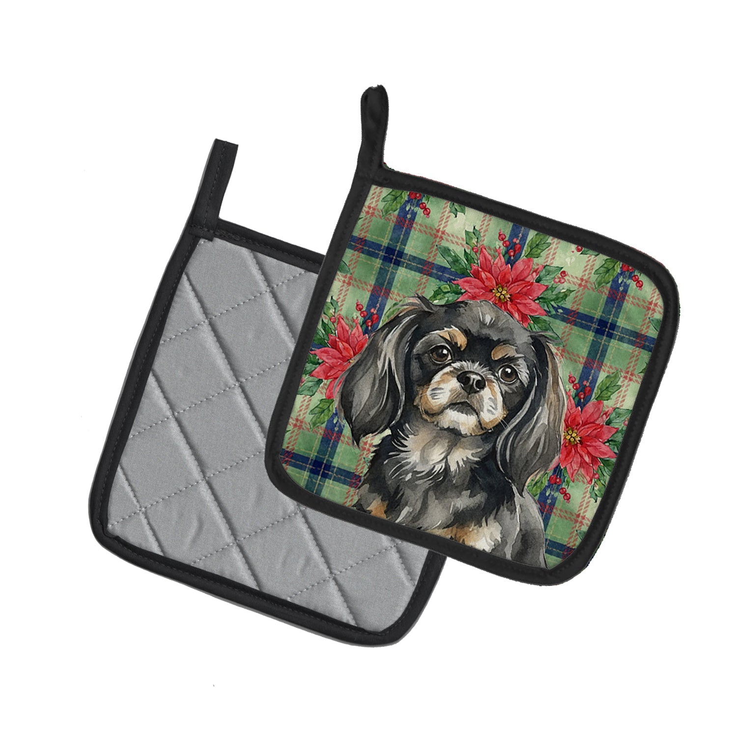 Black and Tan Tibetan Spaniel Christmas PoinsettIas Pot Holder Set of 2 Heat Resistant Quilted Hot Pads 7.5 x 7.5 Inch, Insulated Kitchen Trivets for Cooking & Baking