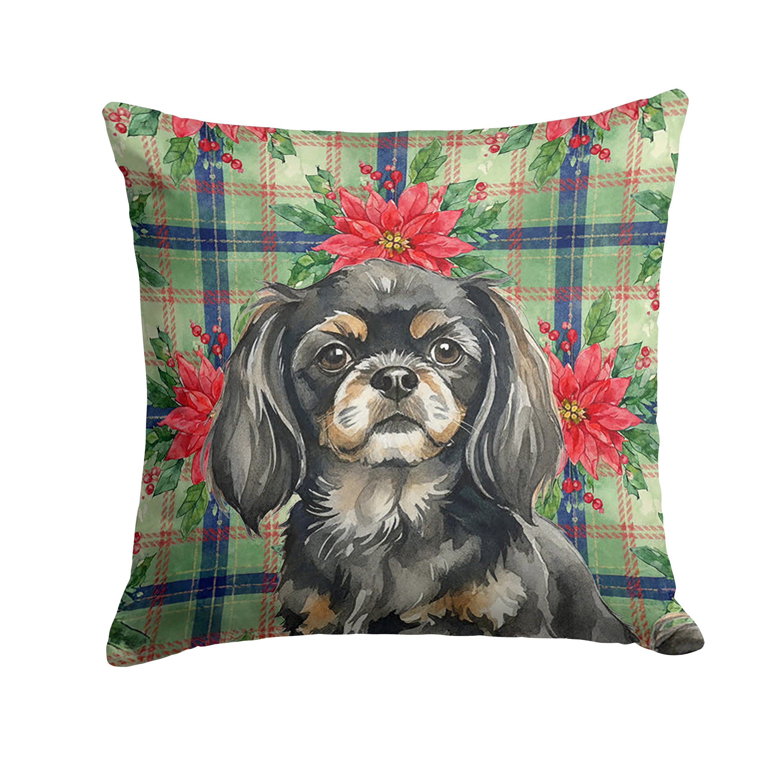 Black and Tan Tibetan Spaniel Christmas PoinsettIas Decorative Throw Pillow 14x14 Indoor Outdoor Accent Cushion, Fabric Cover with Insert for Sofa, Bed, Porch & Living Room