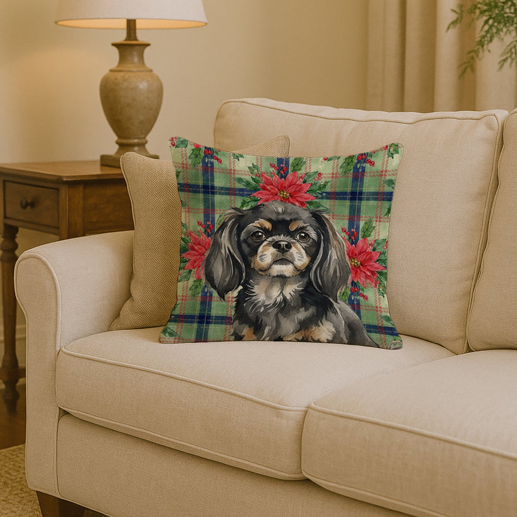 Black and Tan Tibetan Spaniel Christmas PoinsettIas Decorative Throw Pillow 14x14 Indoor Outdoor Accent Cushion, Fabric Cover with Insert for Sofa, Bed, Porch & Living Room