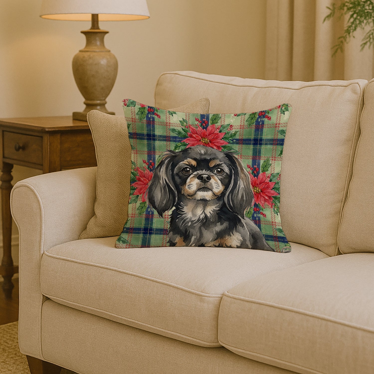 Black and Tan Tibetan Spaniel Christmas PoinsettIas Decorative Throw Pillow 14x14 Indoor Outdoor Accent Cushion, Fabric Cover with Insert for Sofa, Bed, Porch & Living Room