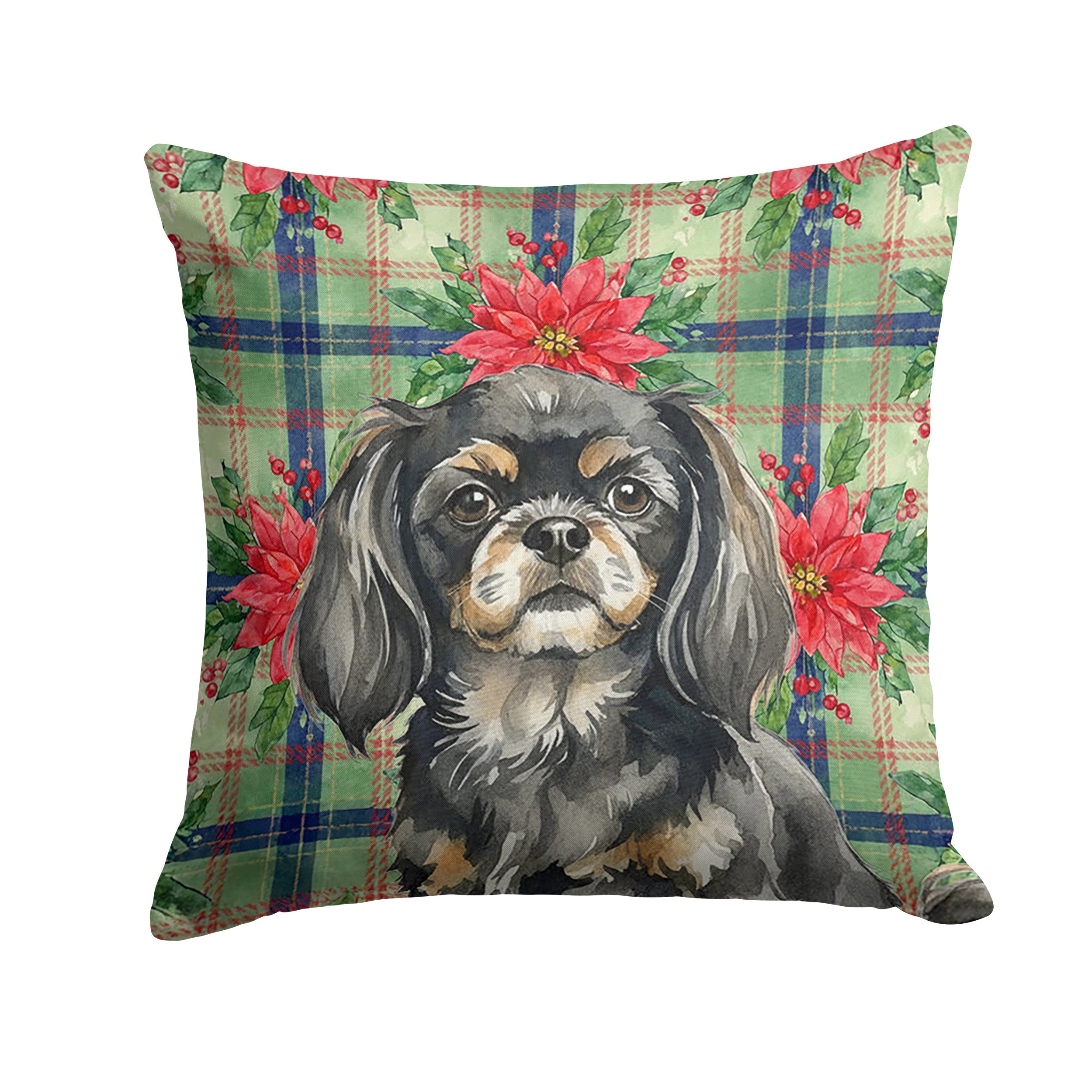 Black and Tan Tibetan Spaniel Christmas PoinsettIas Decorative Throw Pillow 18x18 Indoor Outdoor Accent Cushion, Fabric Cover with Insert for Sofa, Bed, Porch & Living Room