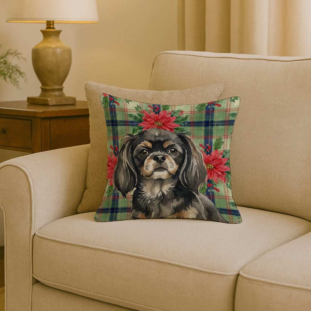 Black and Tan Tibetan Spaniel Christmas PoinsettIas Decorative Throw Pillow 18x18 Indoor Outdoor Accent Cushion, Fabric Cover with Insert for Sofa, Bed, Porch & Living Room