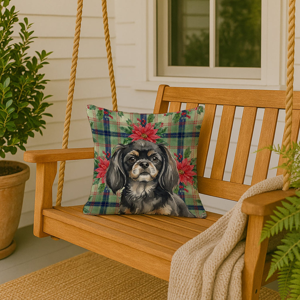 Black and Tan Tibetan Spaniel Christmas PoinsettIas Decorative Throw Pillow 18x18 Indoor Outdoor Accent Cushion, Fabric Cover with Insert for Sofa, Bed, Porch & Living Room