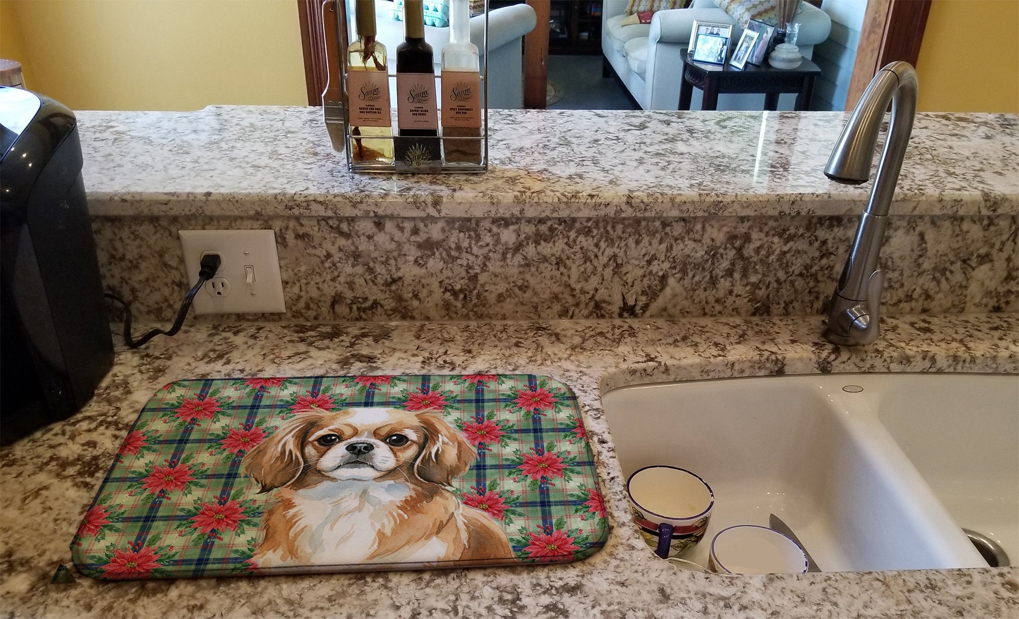Tibetan Spaniel Christmas PoinsettIas Dish Drying Mat Absorbent Dish Drying Mat Pad for Kitchen Counter Dish Drainer Mat for Countertop, 14 x 21", Multicolor