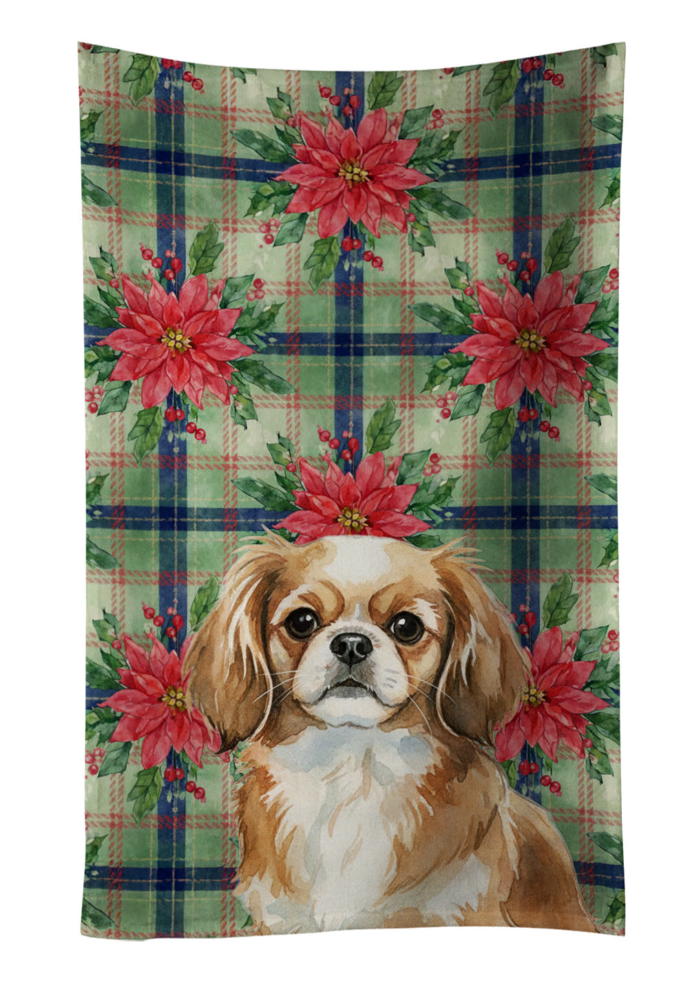 Tibetan Spaniel Christmas PoinsettIas Kitchen Towel Velour Plush Front and Cotton Loop Back Machine Washable