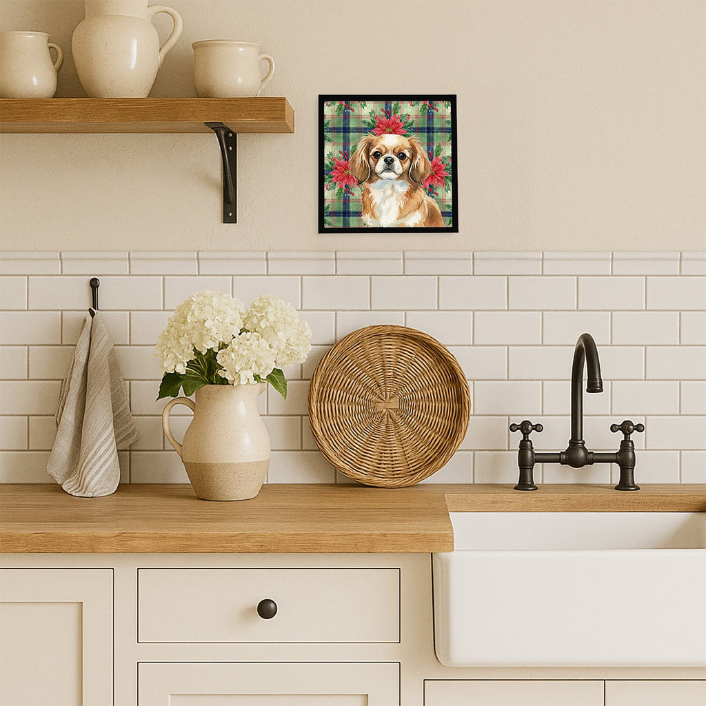 Tibetan Spaniel Christmas PoinsettIas Framed Metal Print Bathroom, Kitchen, Office, Home Decor Wall Art Ready to Hang, Square, 8X8