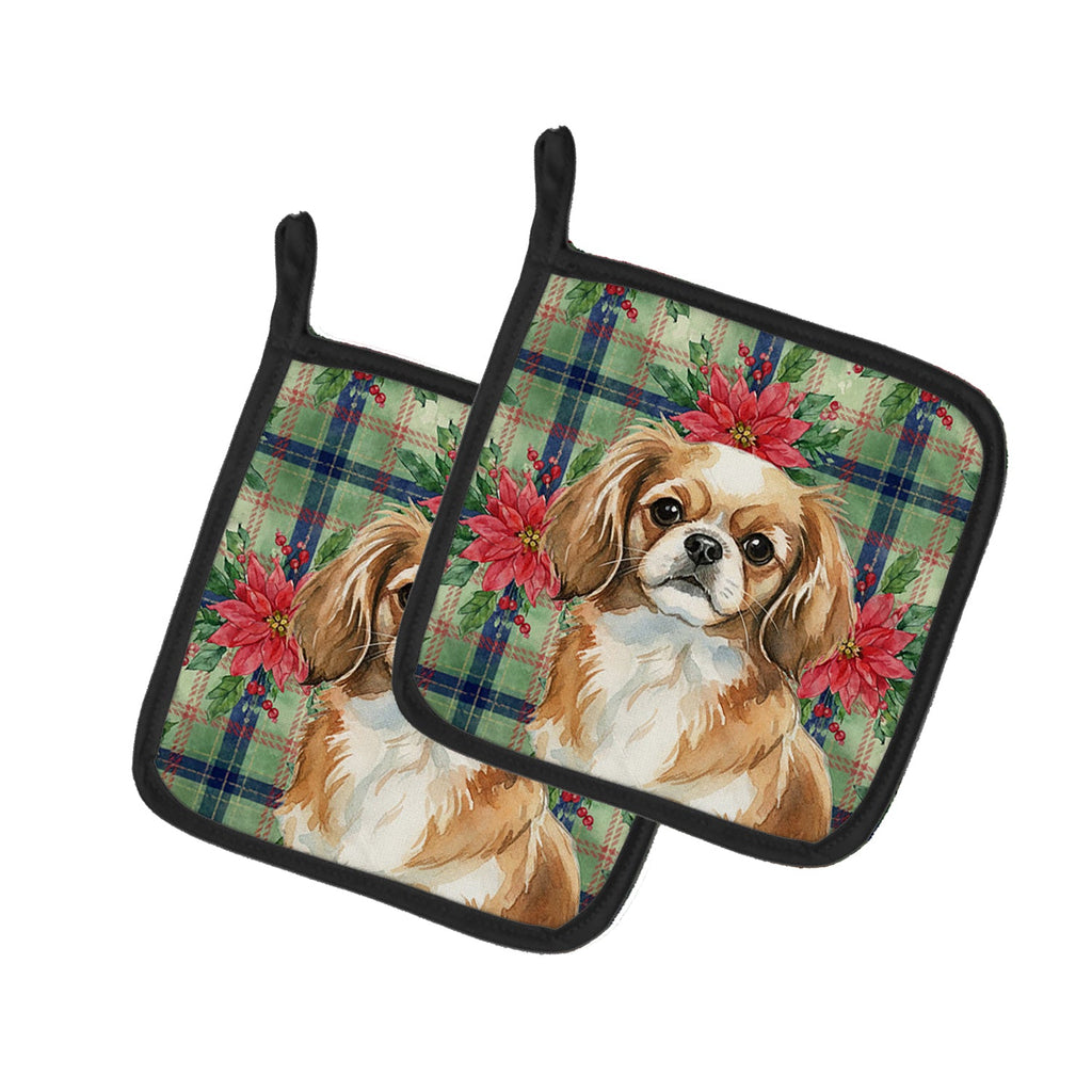 Tibetan Spaniel Christmas PoinsettIas Pot Holder Set of 2 Heat Resistant Quilted Hot Pads 7.5 x 7.5 Inch, Insulated Kitchen Trivets for Cooking & Baking