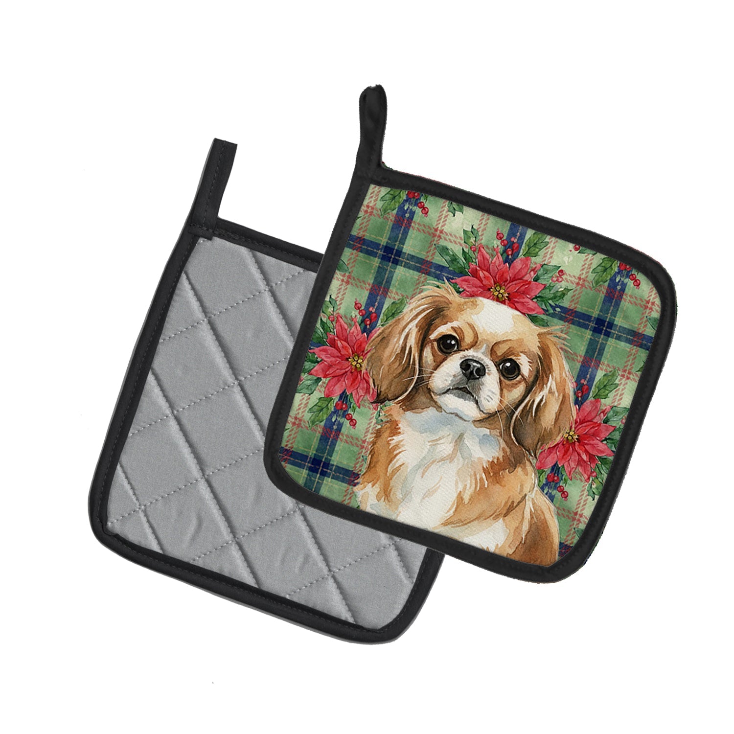 Tibetan Spaniel Christmas PoinsettIas Pot Holder Set of 2 Heat Resistant Quilted Hot Pads 7.5 x 7.5 Inch, Insulated Kitchen Trivets for Cooking & Baking