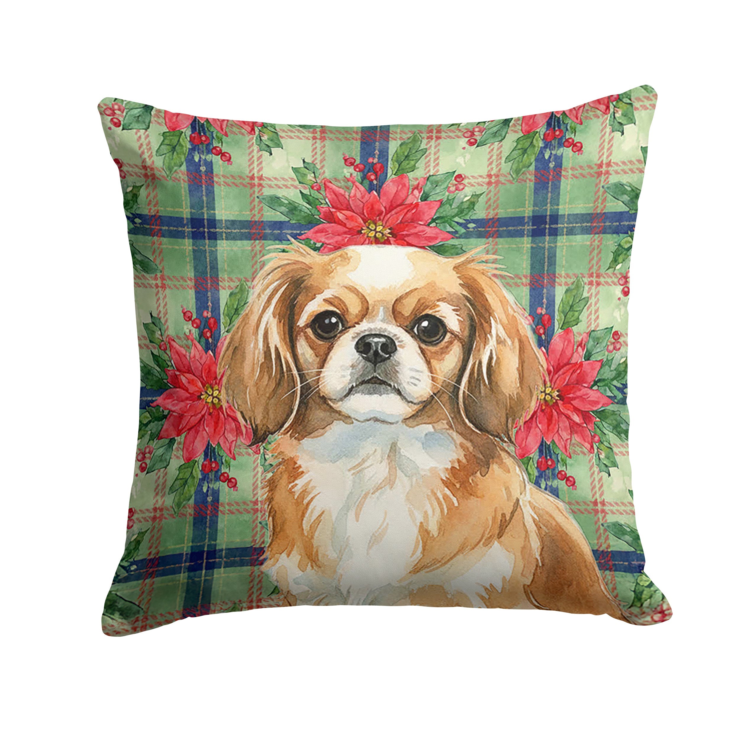 Tibetan Spaniel Christmas PoinsettIas Decorative Throw Pillow 18x18 Indoor Outdoor Accent Cushion, Fabric Cover with Insert for Sofa, Bed, Porch & Living Room
