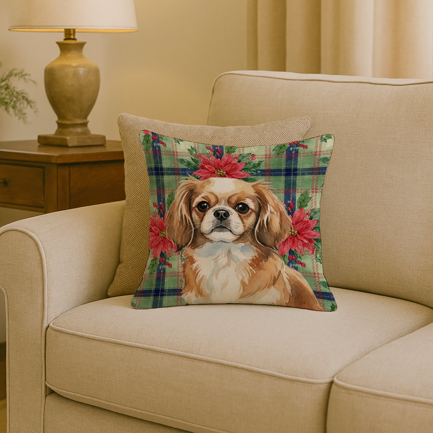 Tibetan Spaniel Christmas PoinsettIas Decorative Throw Pillow 18x18 Indoor Outdoor Accent Cushion, Fabric Cover with Insert for Sofa, Bed, Porch & Living Room