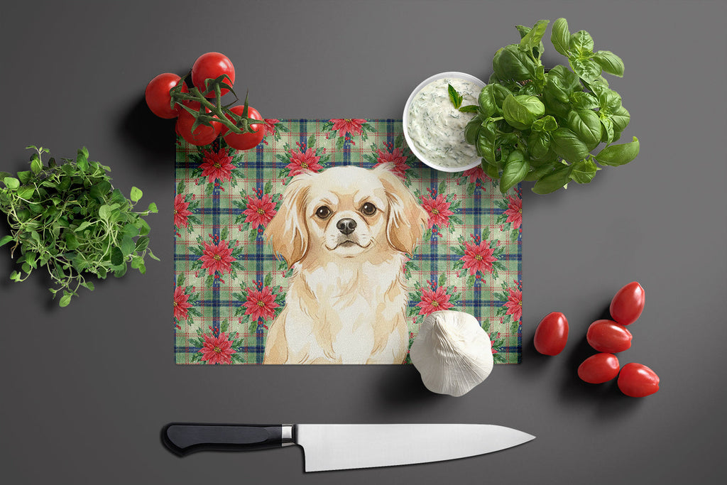 Cream Tibetan Spaniel Christmas PoinsettIas Cutting Board Tempered Glass Kitchen Cutting Surface, Heat Resistant Chopping, Non-Slip Feet, Food Prep & Serving