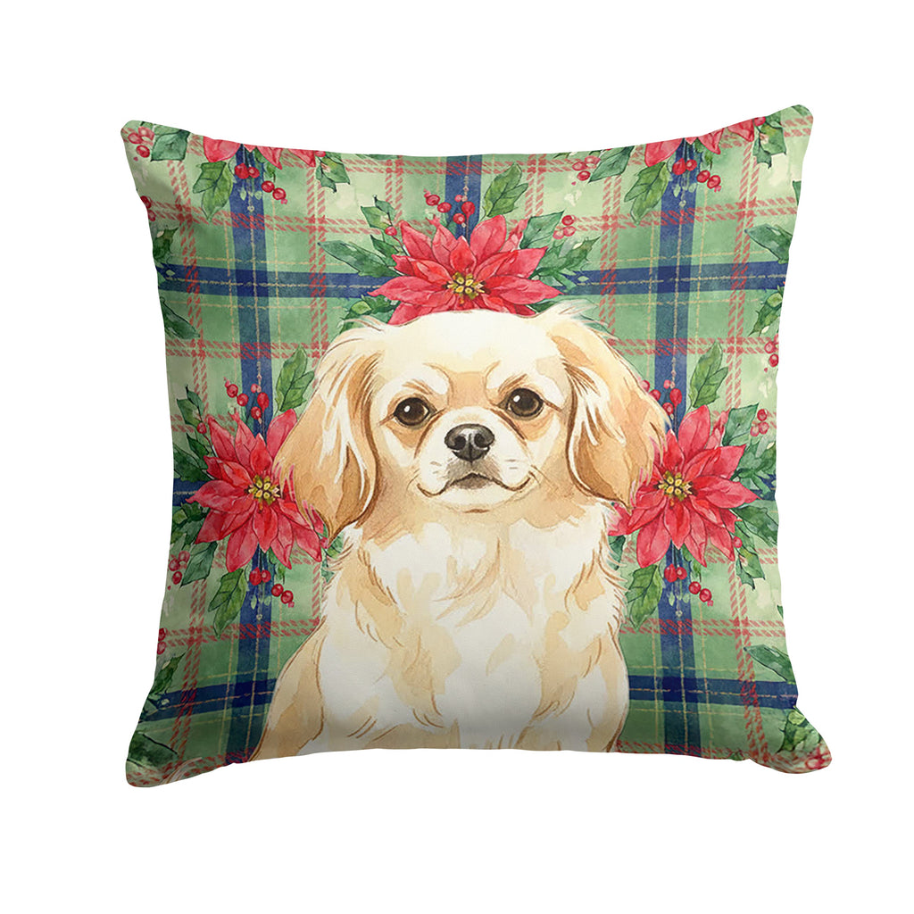 Cream Tibetan Spaniel Christmas PoinsettIas Decorative Throw Pillow 14x14 Indoor Outdoor Accent Cushion, Fabric Cover with Insert for Sofa, Bed, Porch & Living Room
