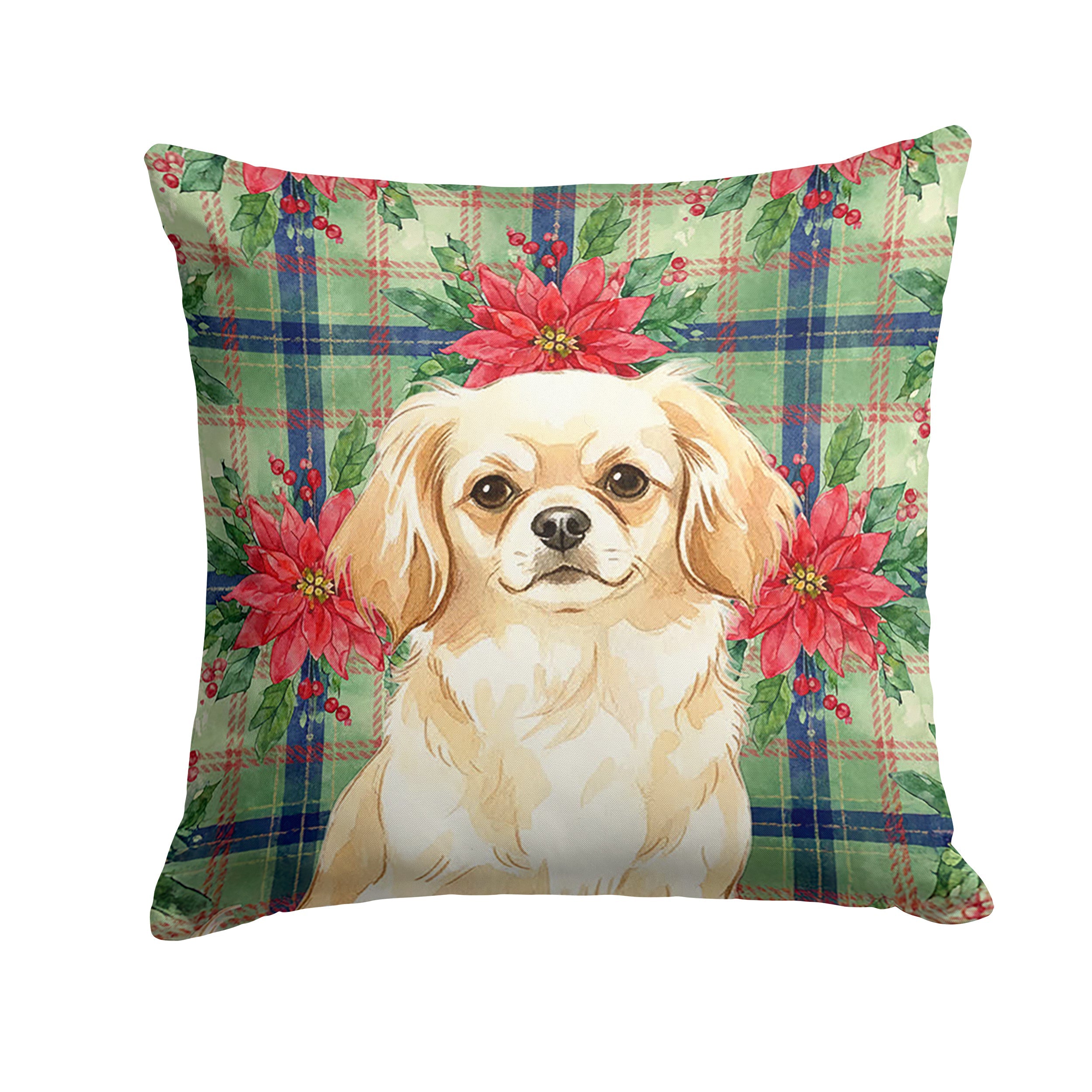 Cream Tibetan Spaniel Christmas PoinsettIas Decorative Throw Pillow 14x14 Indoor Outdoor Accent Cushion, Fabric Cover with Insert for Sofa, Bed, Porch & Living Room