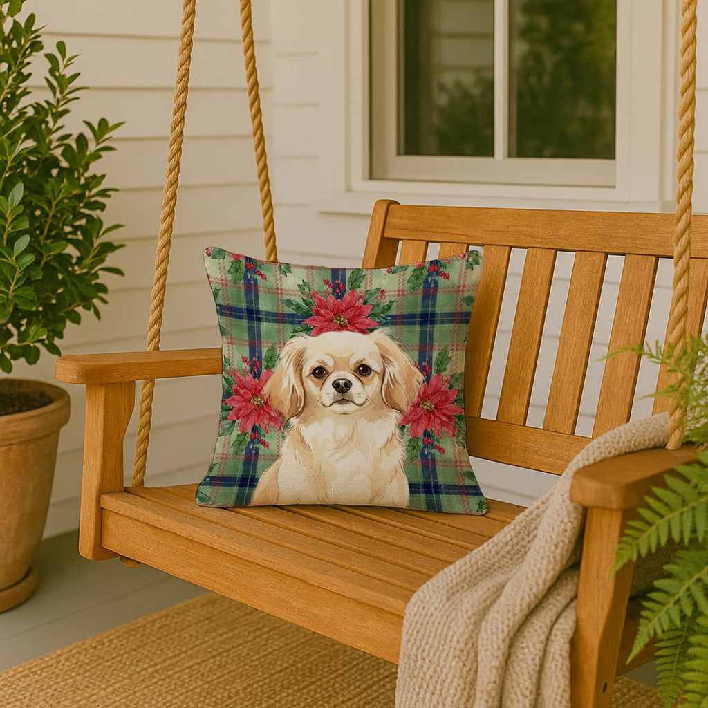 Cream Tibetan Spaniel Christmas PoinsettIas Decorative Throw Pillow 18x18 Indoor Outdoor Accent Cushion, Fabric Cover with Insert for Sofa, Bed, Porch & Living Room