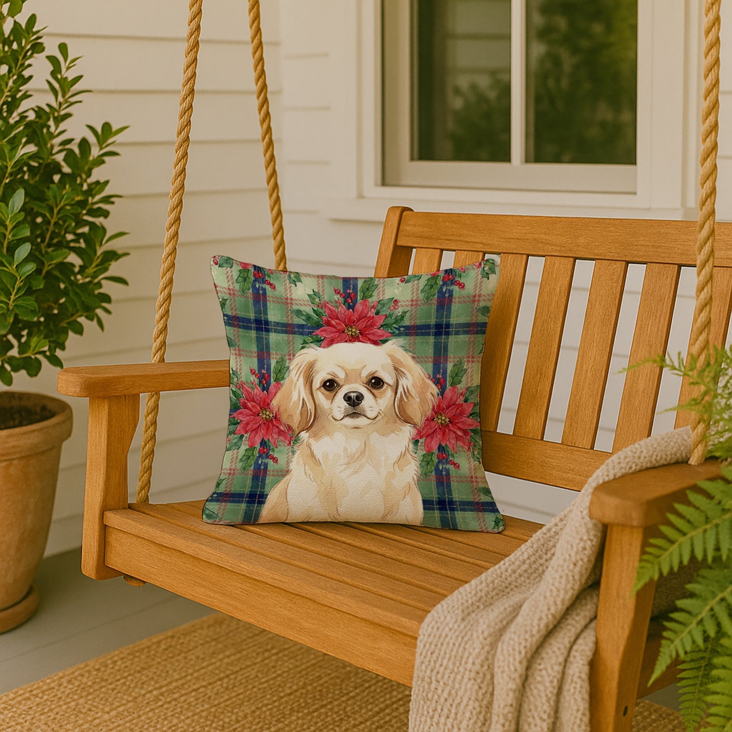 Cream Tibetan Spaniel Christmas PoinsettIas Decorative Throw Pillow 18x18 Indoor Outdoor Accent Cushion, Fabric Cover with Insert for Sofa, Bed, Porch & Living Room