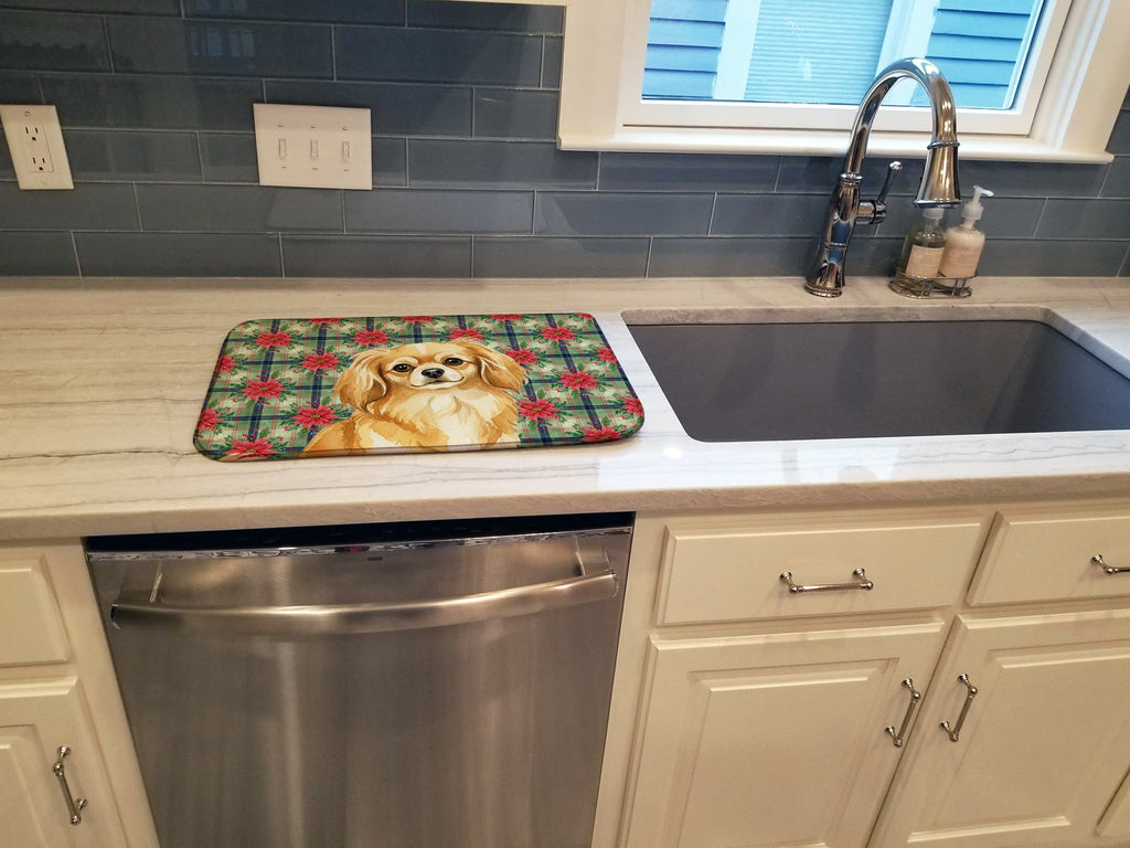 Gold Tibetan Spaniel Christmas PoinsettIas Dish Drying Mat Absorbent Dish Drying Mat Pad for Kitchen Counter Dish Drainer Mat for Countertop, 14 x 21", Multicolor