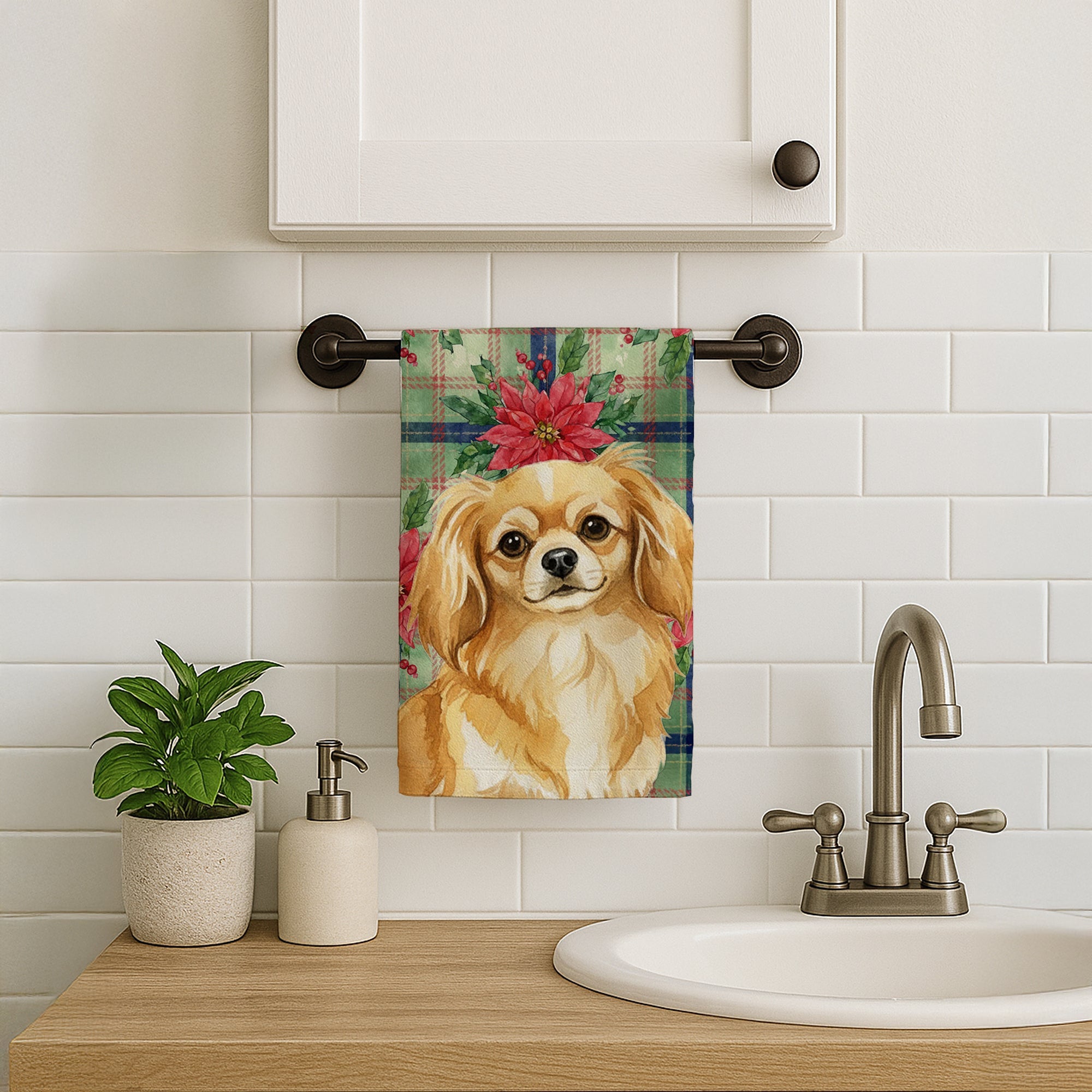 Gold Tibetan Spaniel Christmas PoinsettIas Kitchen Towel Velour Plush Front and Cotton Loop Back Machine Washable