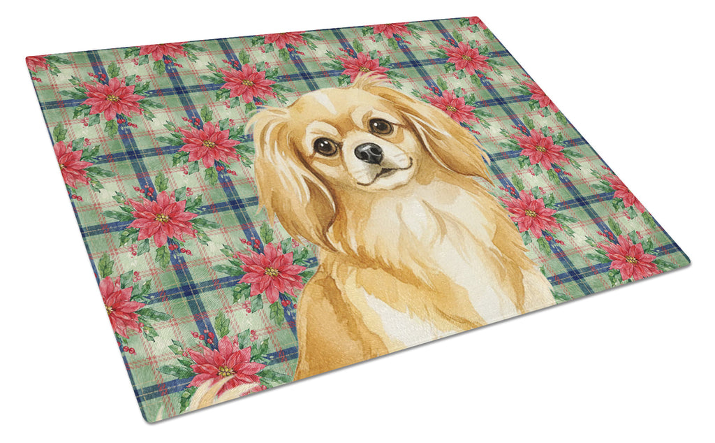 Gold Tibetan Spaniel Christmas PoinsettIas Cutting Board Tempered Glass Kitchen Cutting Surface, Heat Resistant Chopping, Non-Slip Feet, Food Prep & Serving