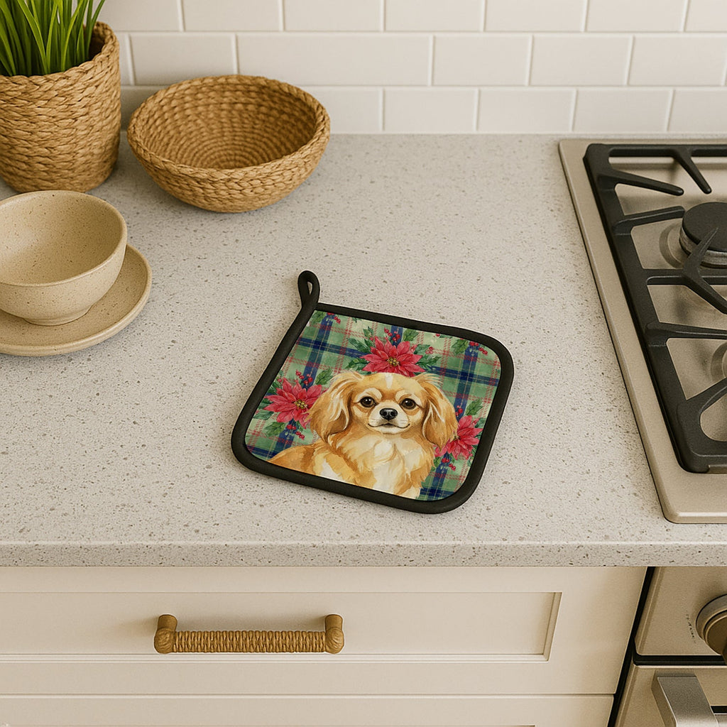 Gold Tibetan Spaniel Christmas PoinsettIas Pot Holder Set of 2 Heat Resistant Quilted Hot Pads 7.5 x 7.5 Inch, Insulated Kitchen Trivets for Cooking & Baking