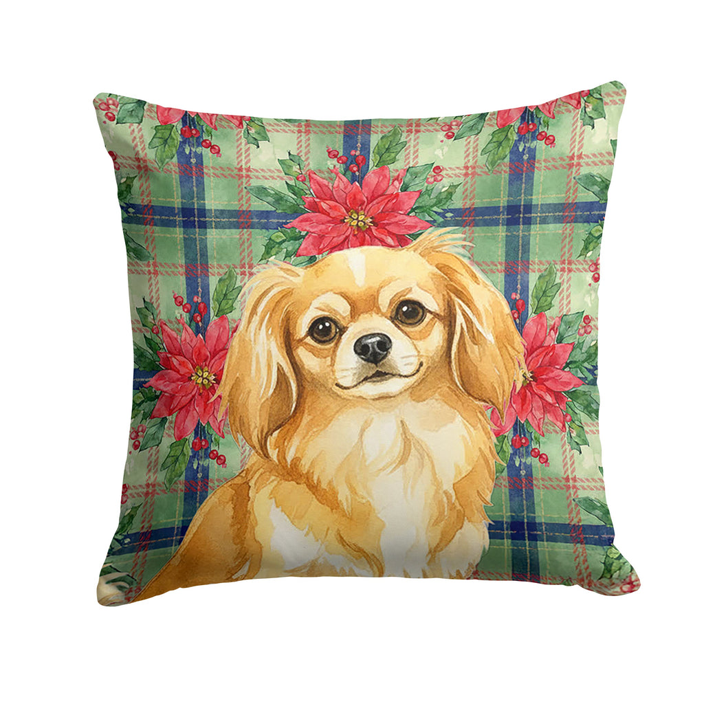 Gold Tibetan Spaniel Christmas PoinsettIas Decorative Throw Pillow 14x14 Indoor Outdoor Accent Cushion, Fabric Cover with Insert for Sofa, Bed, Porch & Living Room