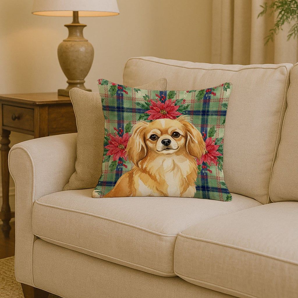 Gold Tibetan Spaniel Christmas PoinsettIas Decorative Throw Pillow 14x14 Indoor Outdoor Accent Cushion, Fabric Cover with Insert for Sofa, Bed, Porch & Living Room