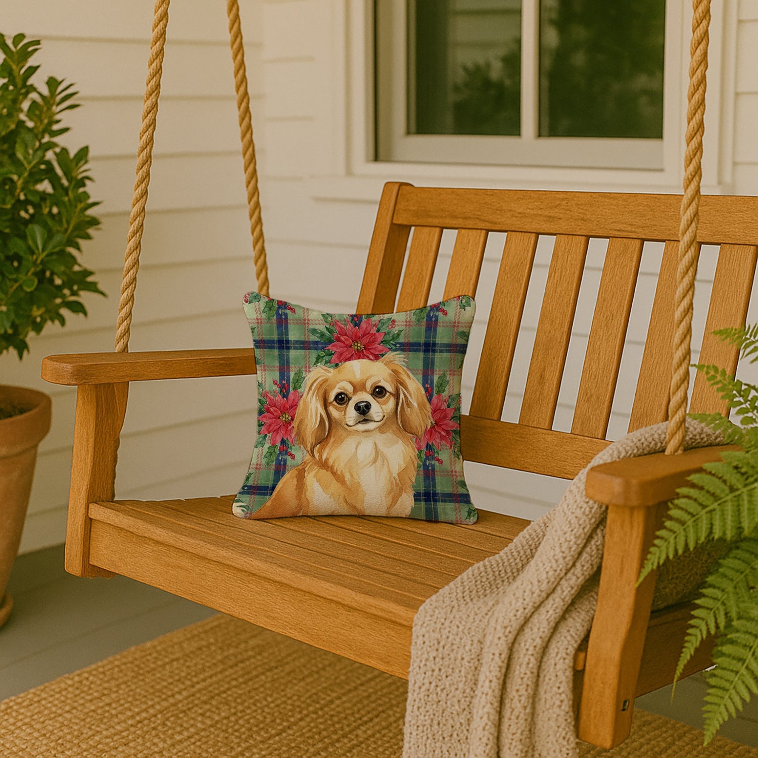 Gold Tibetan Spaniel Christmas PoinsettIas Decorative Throw Pillow 14x14 Indoor Outdoor Accent Cushion, Fabric Cover with Insert for Sofa, Bed, Porch & Living Room