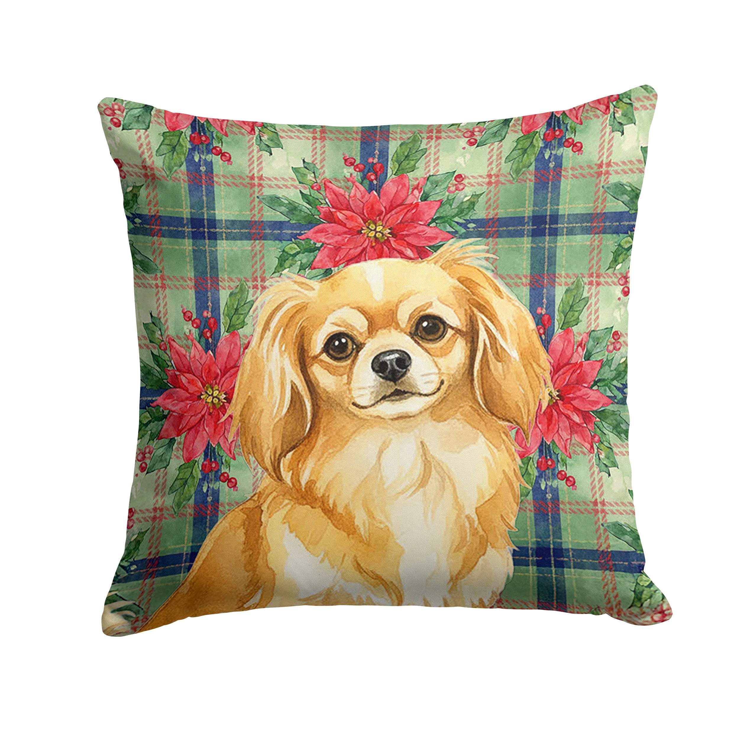Gold Tibetan Spaniel Christmas PoinsettIas Decorative Throw Pillow 18x18 Indoor Outdoor Accent Cushion, Fabric Cover with Insert for Sofa, Bed, Porch & Living Room