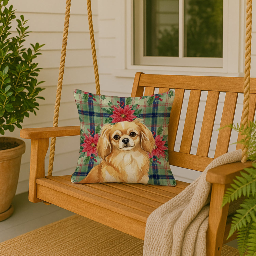 Gold Tibetan Spaniel Christmas PoinsettIas Decorative Throw Pillow 18x18 Indoor Outdoor Accent Cushion, Fabric Cover with Insert for Sofa, Bed, Porch & Living Room