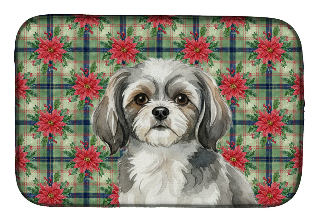 Grey and White Tibetan Spaniel Christmas PoinsettIas Dish Drying Mat Absorbent Dish Drying Mat Pad for Kitchen Counter Dish Drainer Mat for Countertop, 14 x 21", Multicolor