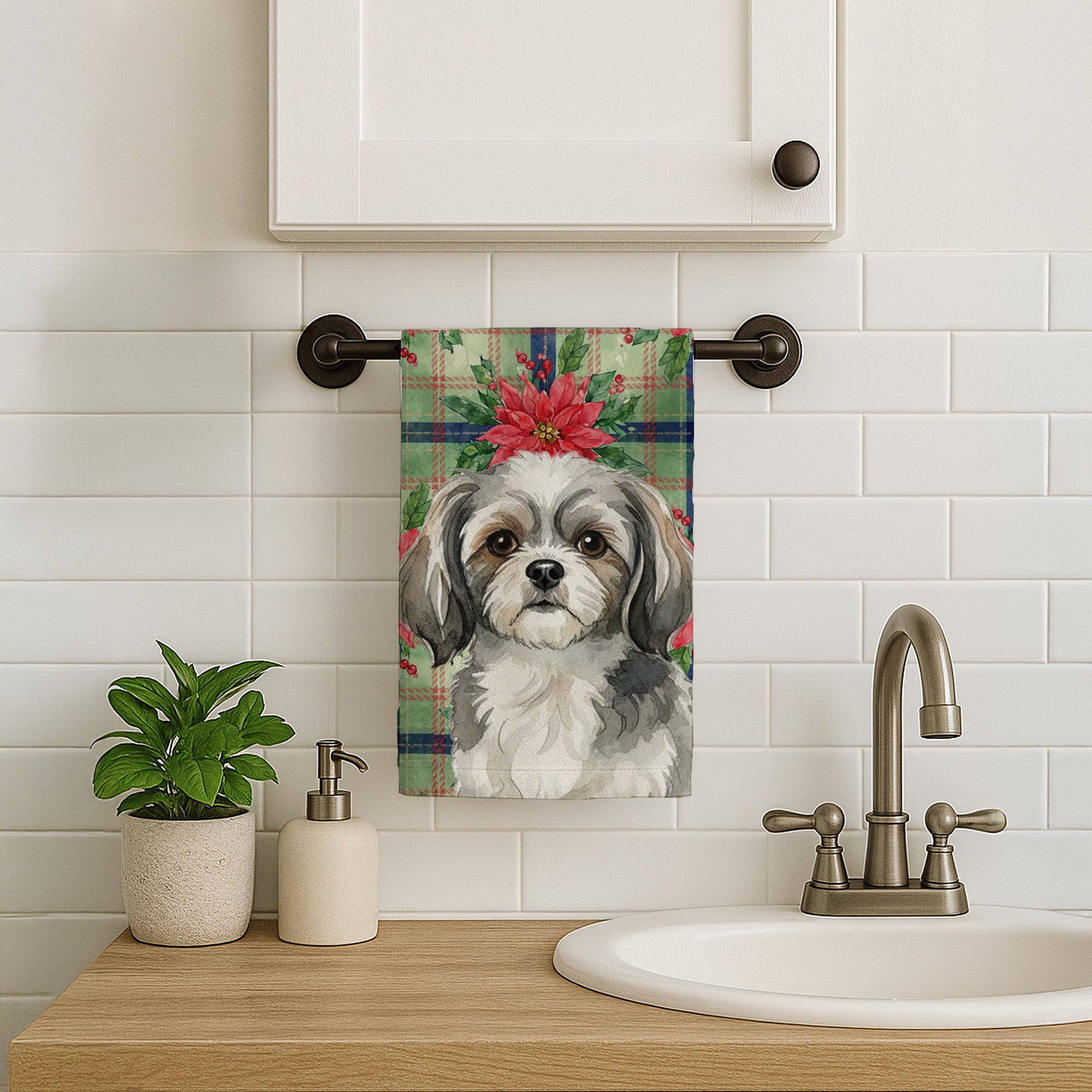 Grey and White Tibetan Spaniel Christmas PoinsettIas Kitchen Towel Velour Plush Front and Cotton Loop Back Machine Washable