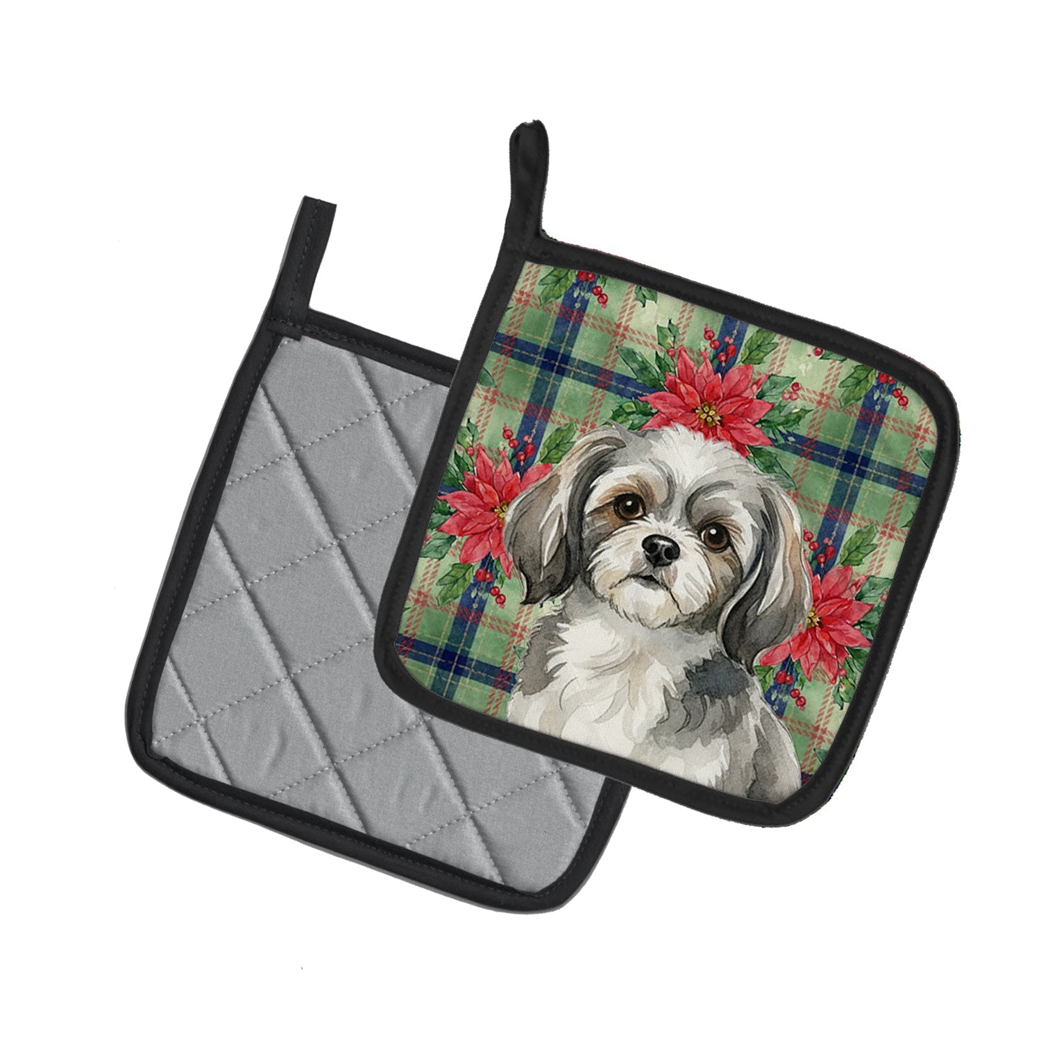Grey and White Tibetan Spaniel Christmas PoinsettIas Pot Holder Set of 2 Heat Resistant Quilted Hot Pads 7.5 x 7.5 Inch, Insulated Kitchen Trivets for Cooking & Baking