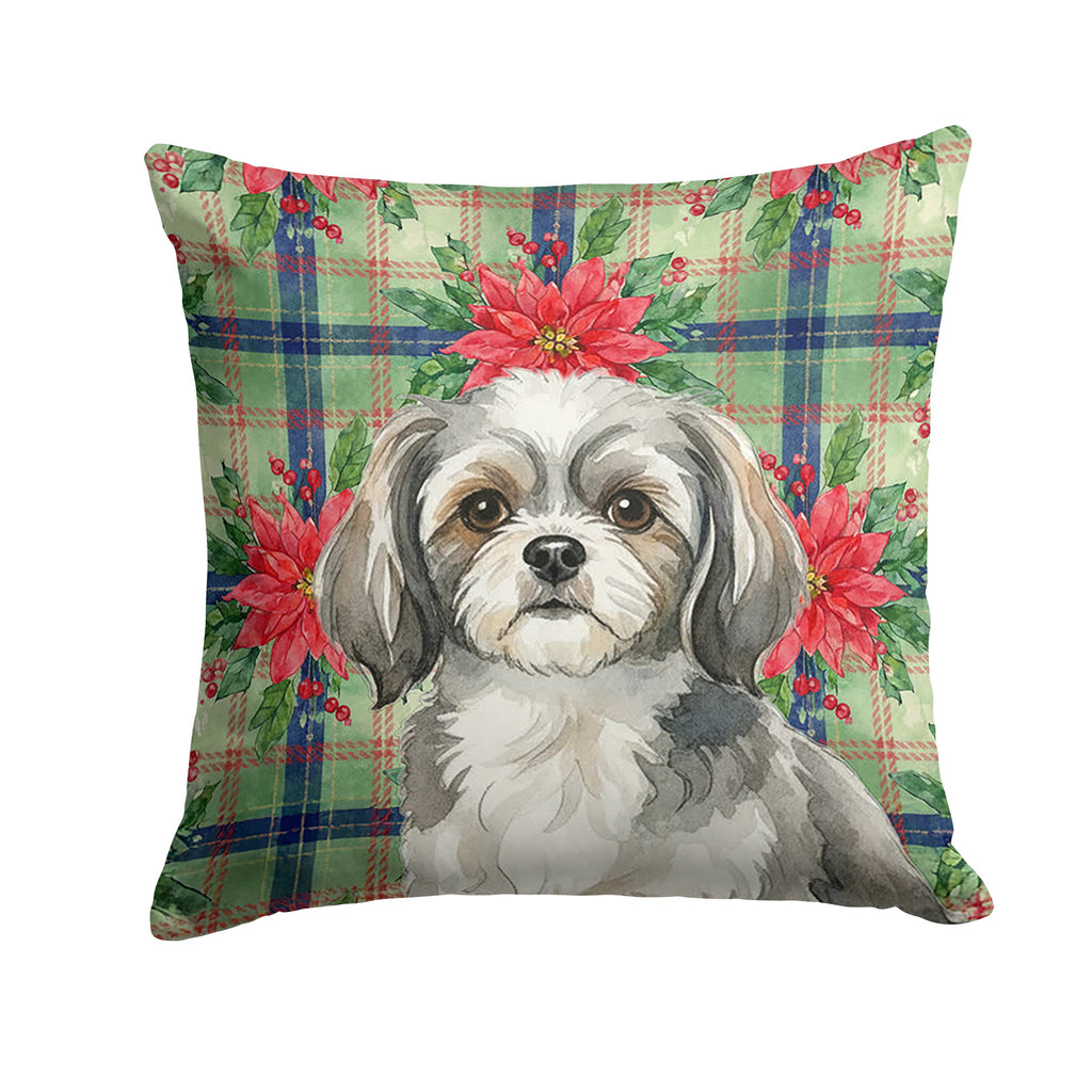 Grey and White Tibetan Spaniel Christmas PoinsettIas Decorative Throw Pillow 14x14 Indoor Outdoor Accent Cushion, Fabric Cover with Insert for Sofa, Bed, Porch & Living Room
