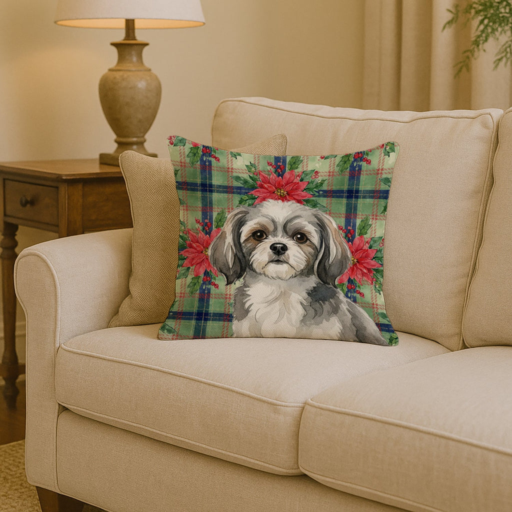 Grey and White Tibetan Spaniel Christmas PoinsettIas Decorative Throw Pillow 14x14 Indoor Outdoor Accent Cushion, Fabric Cover with Insert for Sofa, Bed, Porch & Living Room