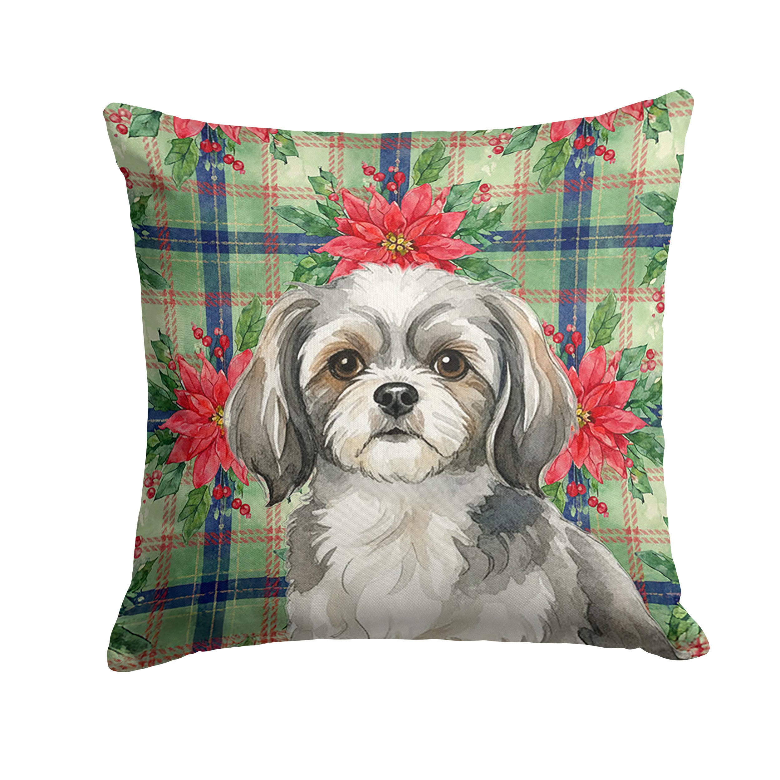 Grey and White Tibetan Spaniel Christmas PoinsettIas Decorative Throw Pillow 18x18 Indoor Outdoor Accent Cushion, Fabric Cover with Insert for Sofa, Bed, Porch & Living Room