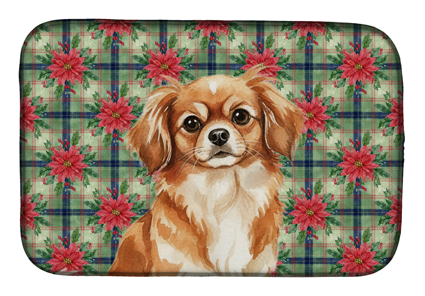Red Tibetan Spaniel Christmas PoinsettIas Dish Drying Mat Absorbent Dish Drying Mat Pad for Kitchen Counter Dish Drainer Mat for Countertop, 14 x 21", Multicolor