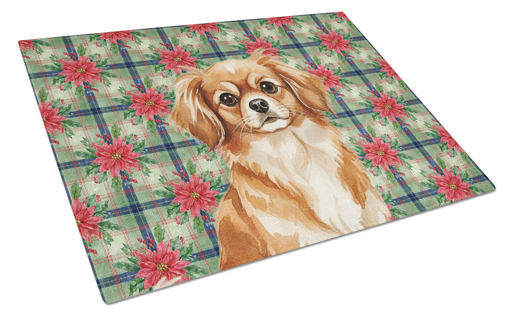 Red Tibetan Spaniel Christmas PoinsettIas Cutting Board Tempered Glass Kitchen Cutting Surface, Heat Resistant Chopping, Non-Slip Feet, Food Prep & Serving