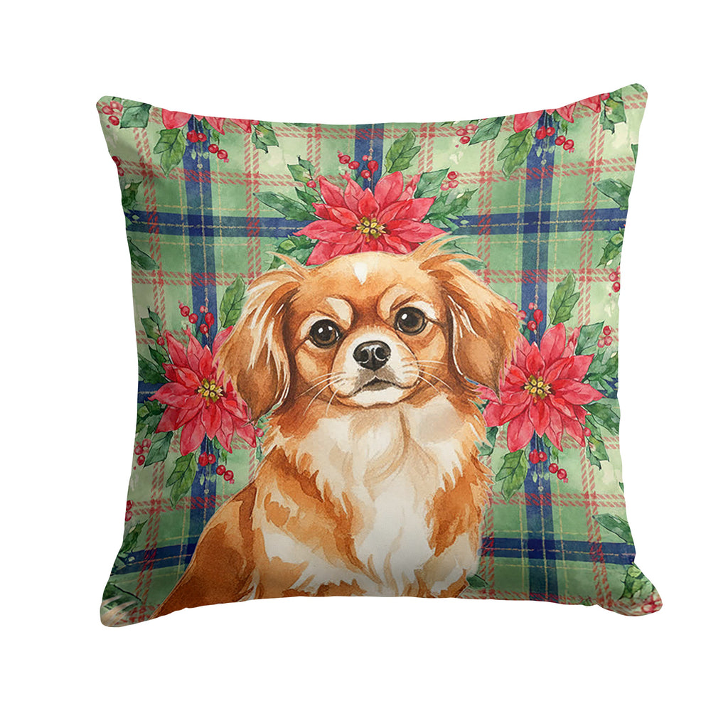 Red Tibetan Spaniel Christmas PoinsettIas Decorative Throw Pillow 14x14 Indoor Outdoor Accent Cushion, Fabric Cover with Insert for Sofa, Bed, Porch & Living Room
