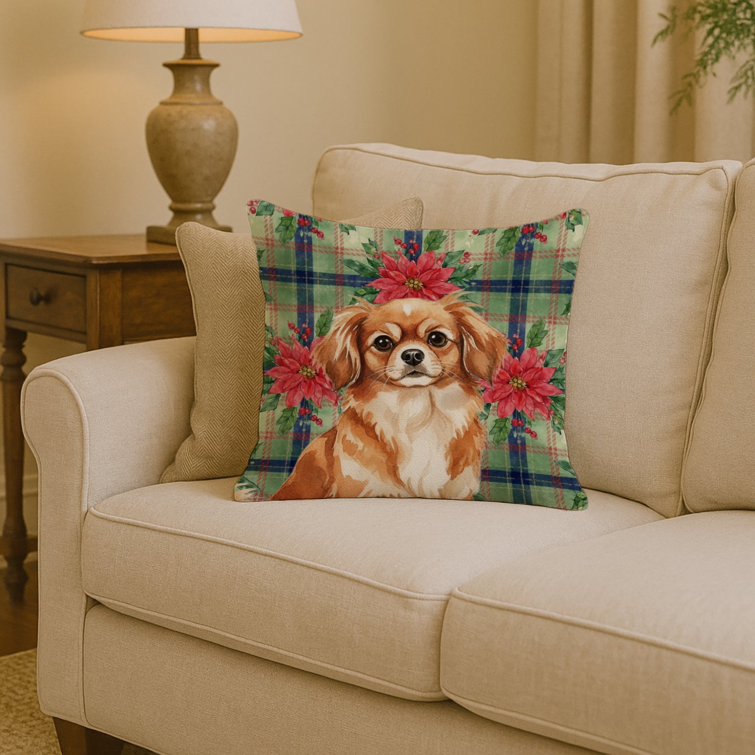 Red Tibetan Spaniel Christmas PoinsettIas Decorative Throw Pillow 14x14 Indoor Outdoor Accent Cushion, Fabric Cover with Insert for Sofa, Bed, Porch & Living Room