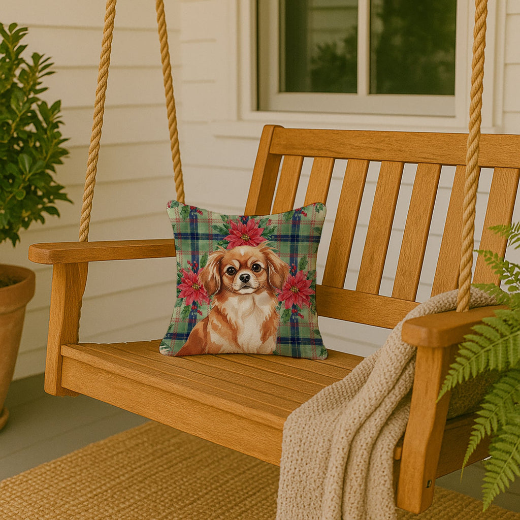 Red Tibetan Spaniel Christmas PoinsettIas Decorative Throw Pillow 14x14 Indoor Outdoor Accent Cushion, Fabric Cover with Insert for Sofa, Bed, Porch & Living Room