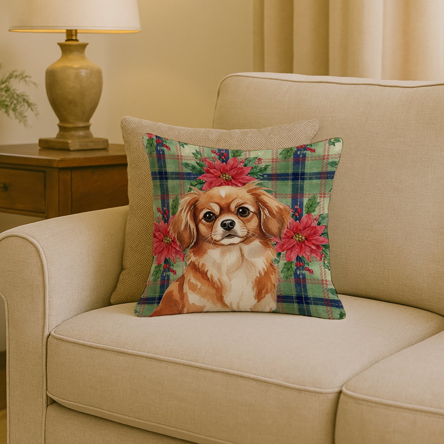 Red Tibetan Spaniel Christmas PoinsettIas Decorative Throw Pillow 18x18 Indoor Outdoor Accent Cushion, Fabric Cover with Insert for Sofa, Bed, Porch & Living Room