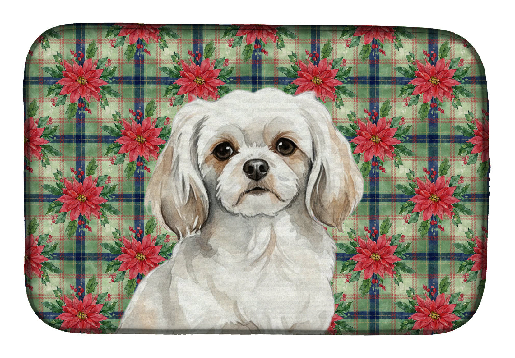 White Tibetan Spaniel Christmas PoinsettIas Dish Drying Mat Absorbent Dish Drying Mat Pad for Kitchen Counter Dish Drainer Mat for Countertop, 14 x 21", Multicolor