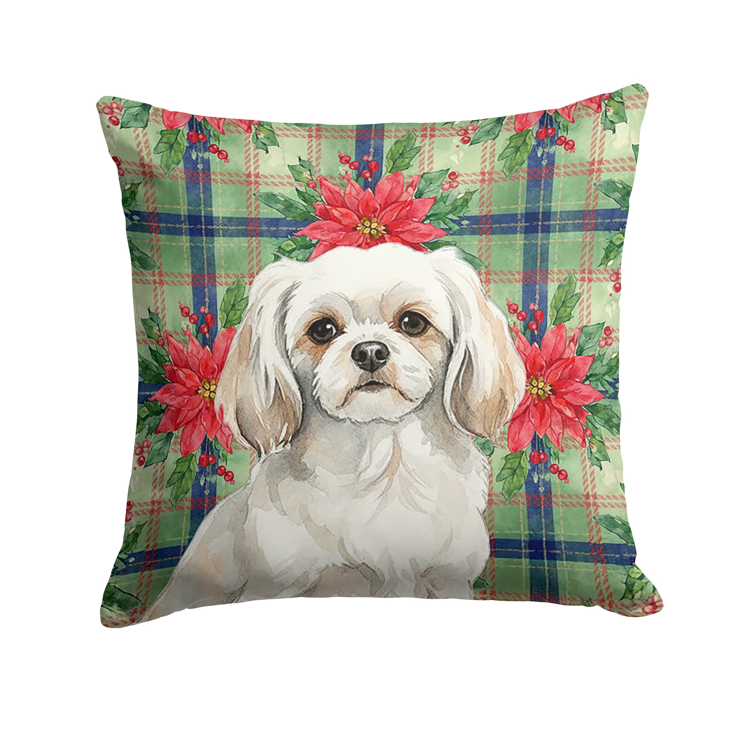 White Tibetan Spaniel Christmas PoinsettIas Decorative Throw Pillow 14x14 Indoor Outdoor Accent Cushion, Fabric Cover with Insert for Sofa, Bed, Porch & Living Room