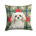 White Tibetan Spaniel Christmas PoinsettIas Decorative Throw Pillow 18x18 Indoor Outdoor Accent Cushion, Fabric Cover with Insert for Sofa, Bed, Porch & Living Room