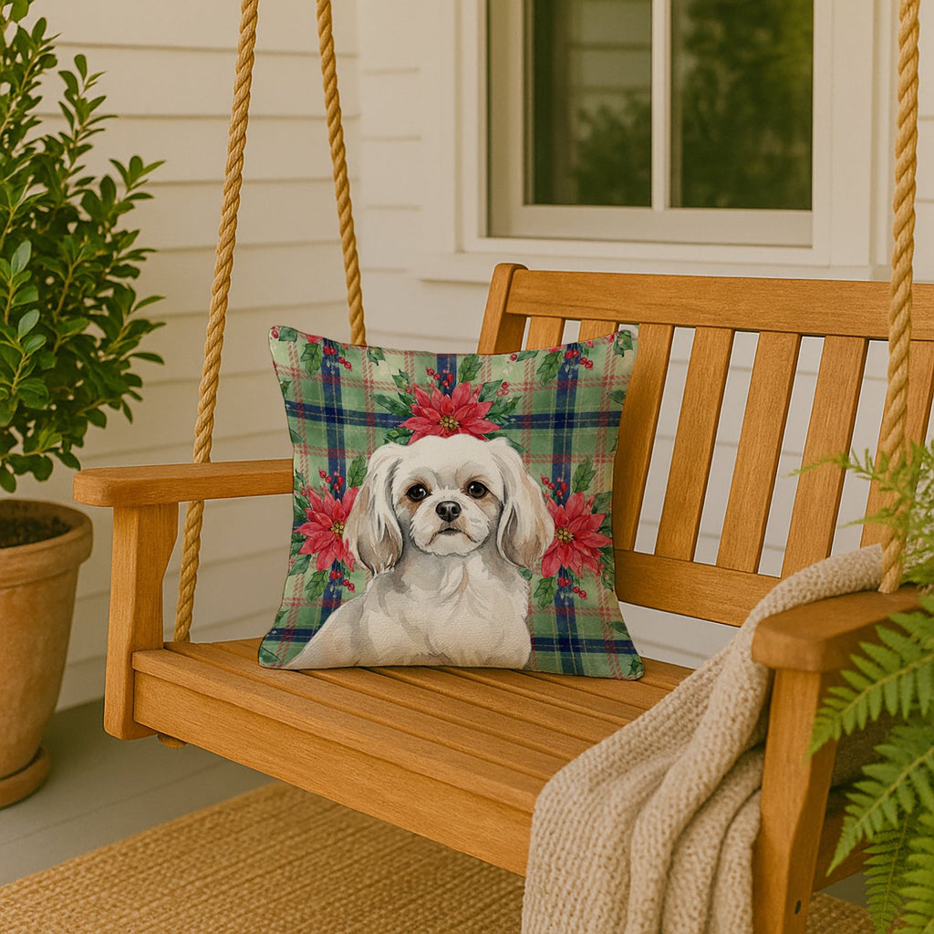 White Tibetan Spaniel Christmas PoinsettIas Decorative Throw Pillow 18x18 Indoor Outdoor Accent Cushion, Fabric Cover with Insert for Sofa, Bed, Porch & Living Room